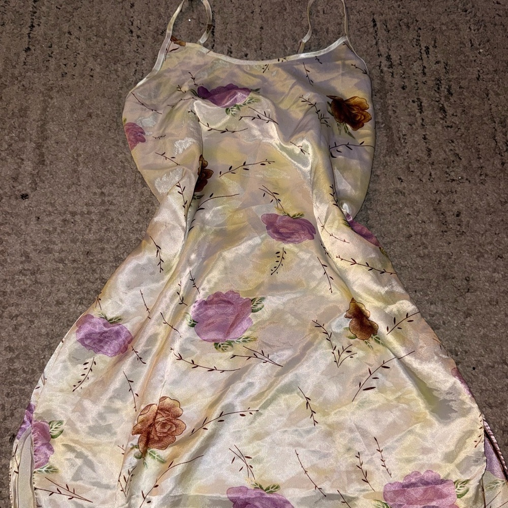 Floral Satin Dress with Purple and Brown Accents